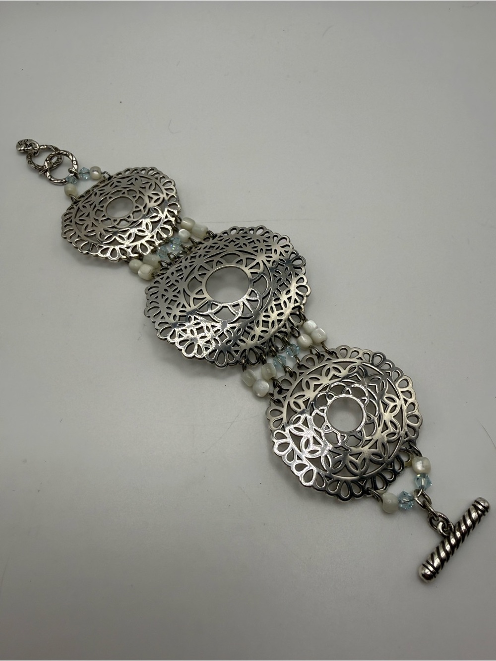 Brighton Silver Tone Filigree Bracelet White Bead Crystal Accent Toggle 6–7”